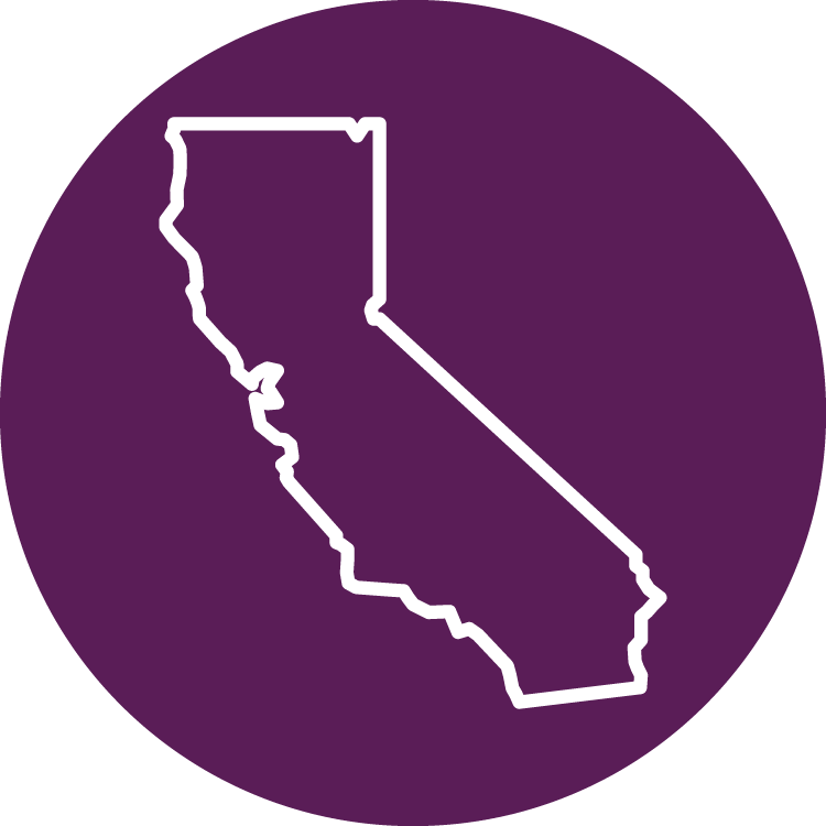 white line drawing of California on circular purple background